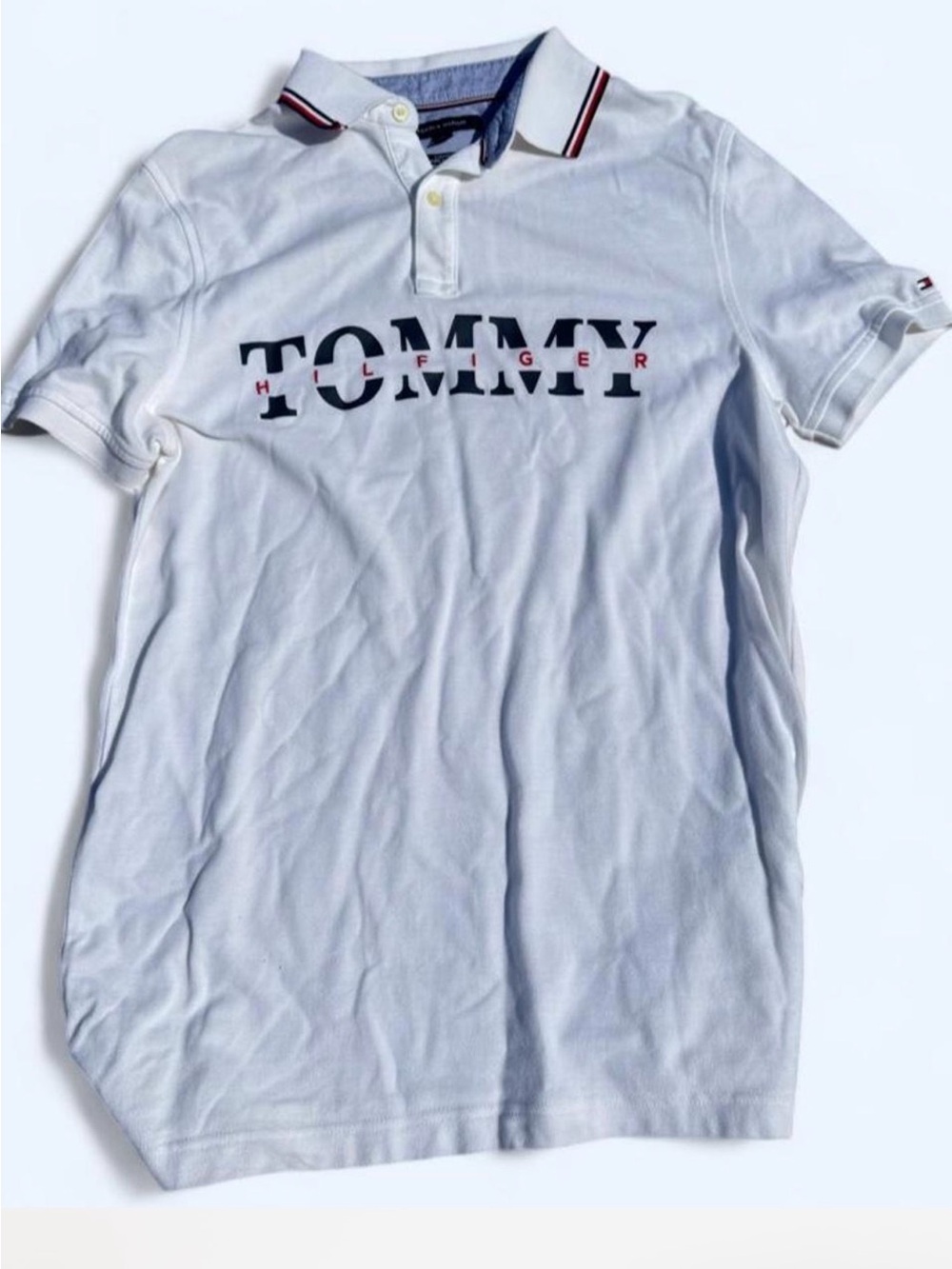 Tommy Hilfiger White Polo with Navy Logo and Red Trim